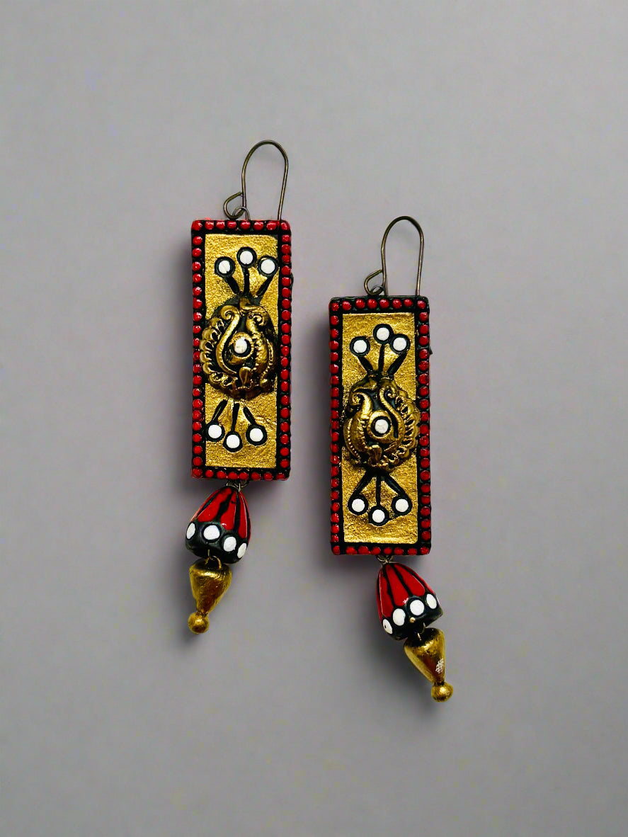 Rectangular Gold & Red Peacock Earrings
